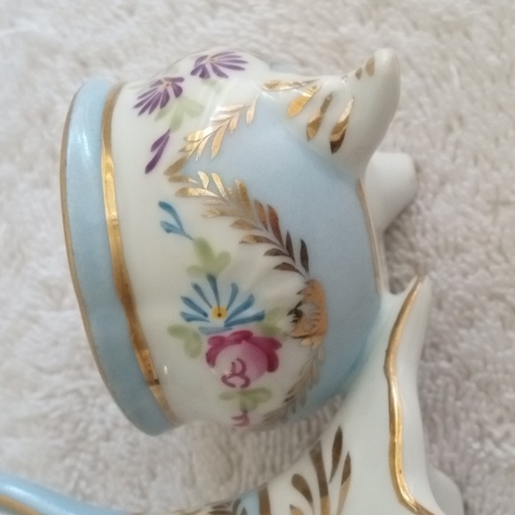 Vintage Limoges China Double Open Salt Server w Handle Blue w Flowers Porcelain - Picture 7 of 13
